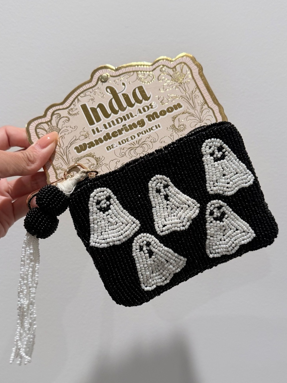Black & White Beaded Ghost Wristlet Coin Pouch